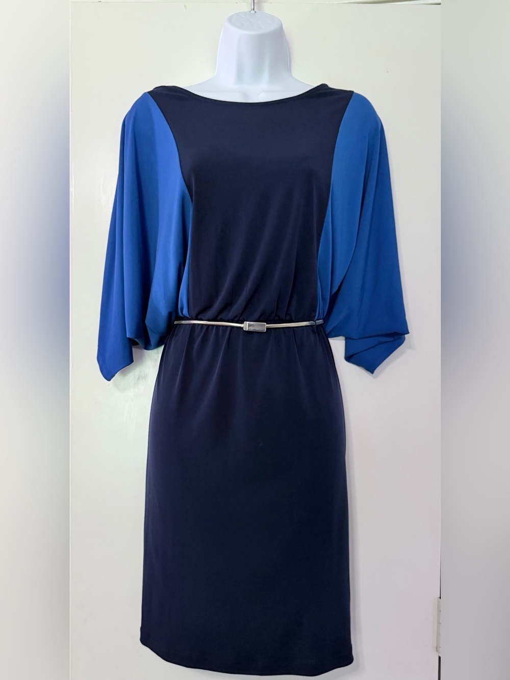 Vintage 90s Robbie Bee Blue Colorblock Batwing Dolman Sleeve Dress Size Small